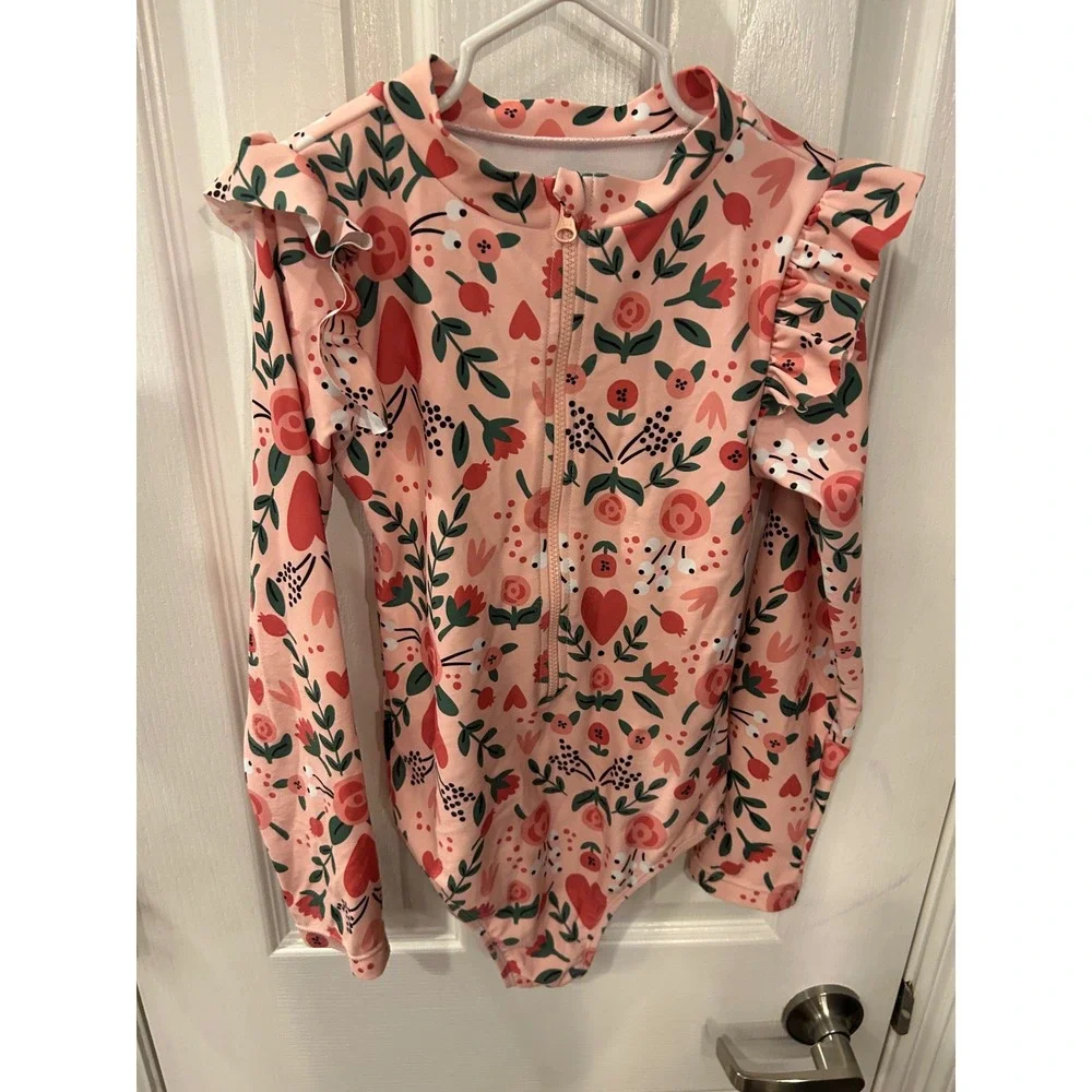 Tiny Tribe One‎ Piece Swimsuit Pink Floral Heart Ruffle Rash Guard Swimwear 7